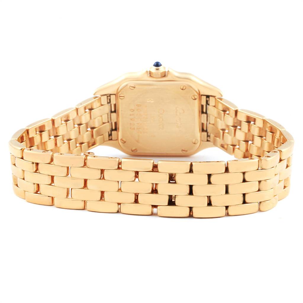 This image shows the rear view of the Cartier Panthere W25022B9 Women's Yellow Gold Silver Dial W25022B9 Women's Yellow Gold Silver Dial watch, highlighting its gold bracelet and the back of the watch case.