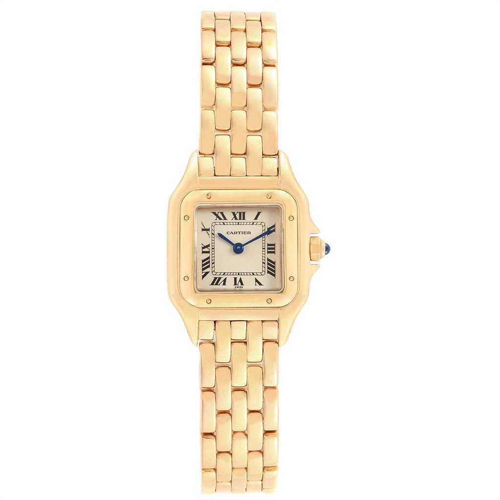 This image shows a front view of the Cartier Panthere W25022B9 Women's Yellow Gold Silver Dial W25022B9 Women's Yellow Gold Silver Dial model watch, highlighting its gold bracelet and square dial.