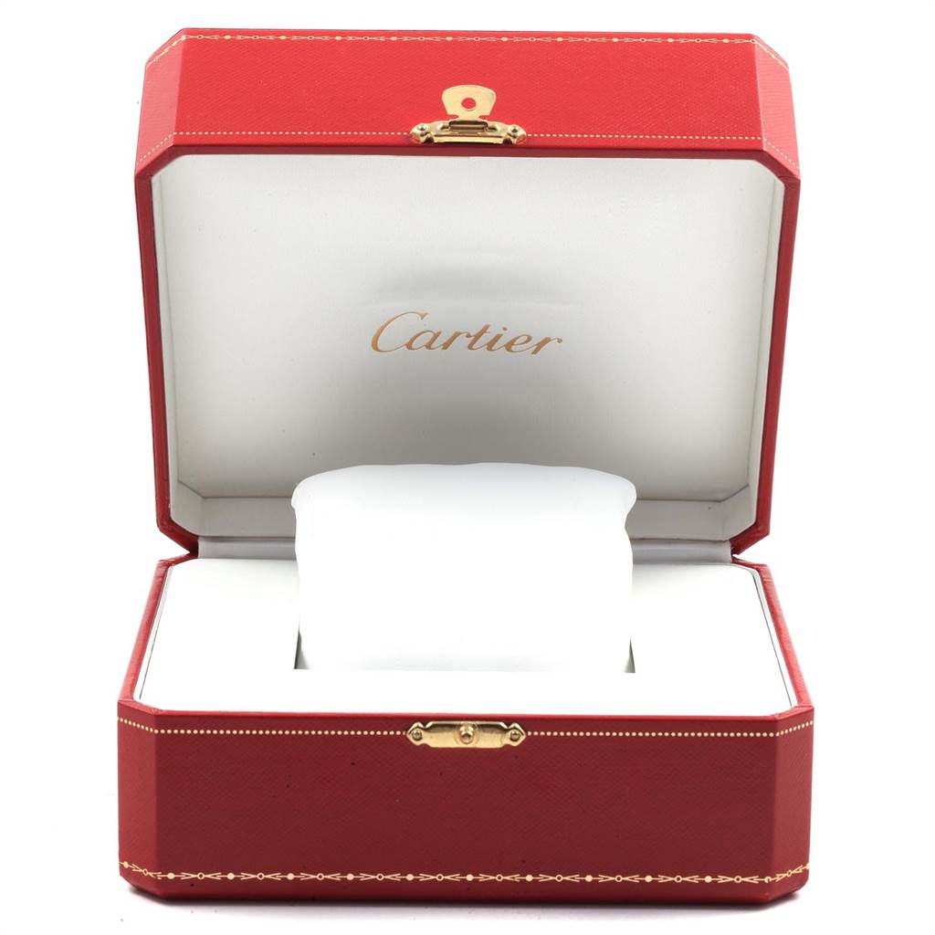 The image shows an open Cartier Panthere W25022B9 Women's Yellow Gold Silver Dial W25022B9 Women's Yellow Gold Silver Dial watch box with a white cushion inside.
