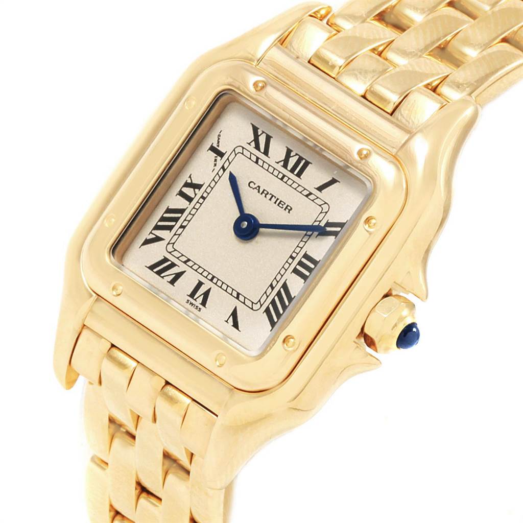 The image shows a close-up angle of the Cartier Panthere W25022B9 Women's Yellow Gold Silver Dial W25022B9 Women's Yellow Gold Silver Dial model, highlighting its dial, bezel, crown, and part of the bracelet.