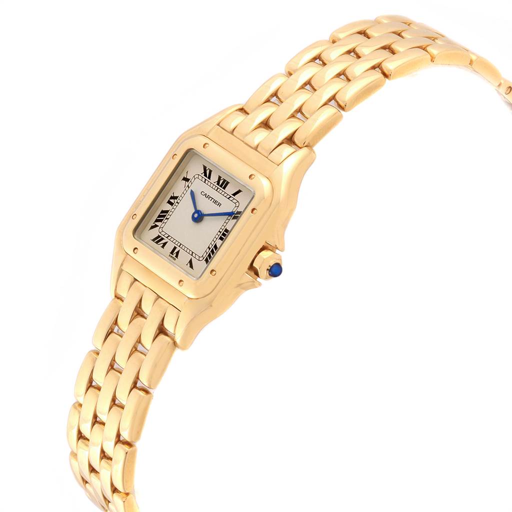 The image shows a Cartier Panthere W25022B9 Women's Yellow Gold Silver Dial W25022B9 Women's Yellow Gold Silver Dial model watch from a top angle, displaying its gold bracelet, square face, and blue hands.