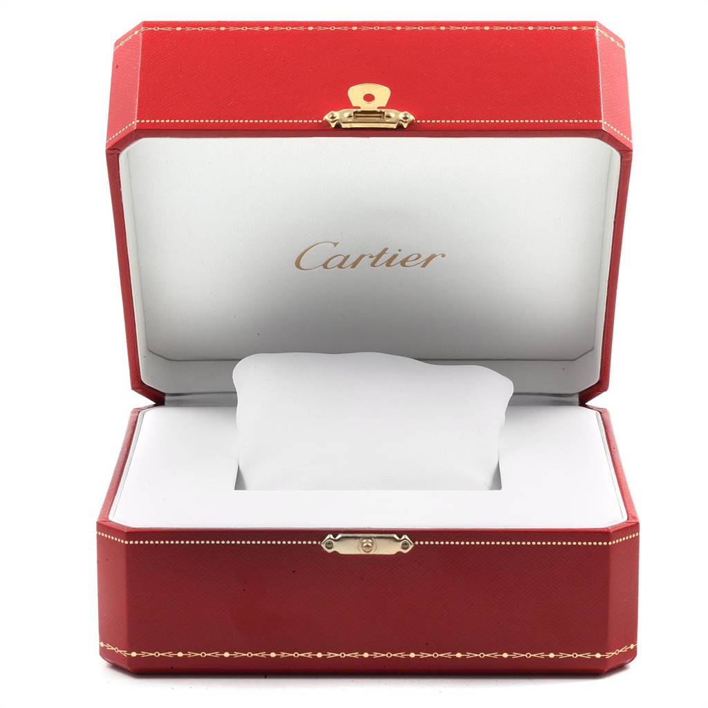 The image shows an open red Cartier box for a Panthere model watch, displaying the interior with a watch cushion.
