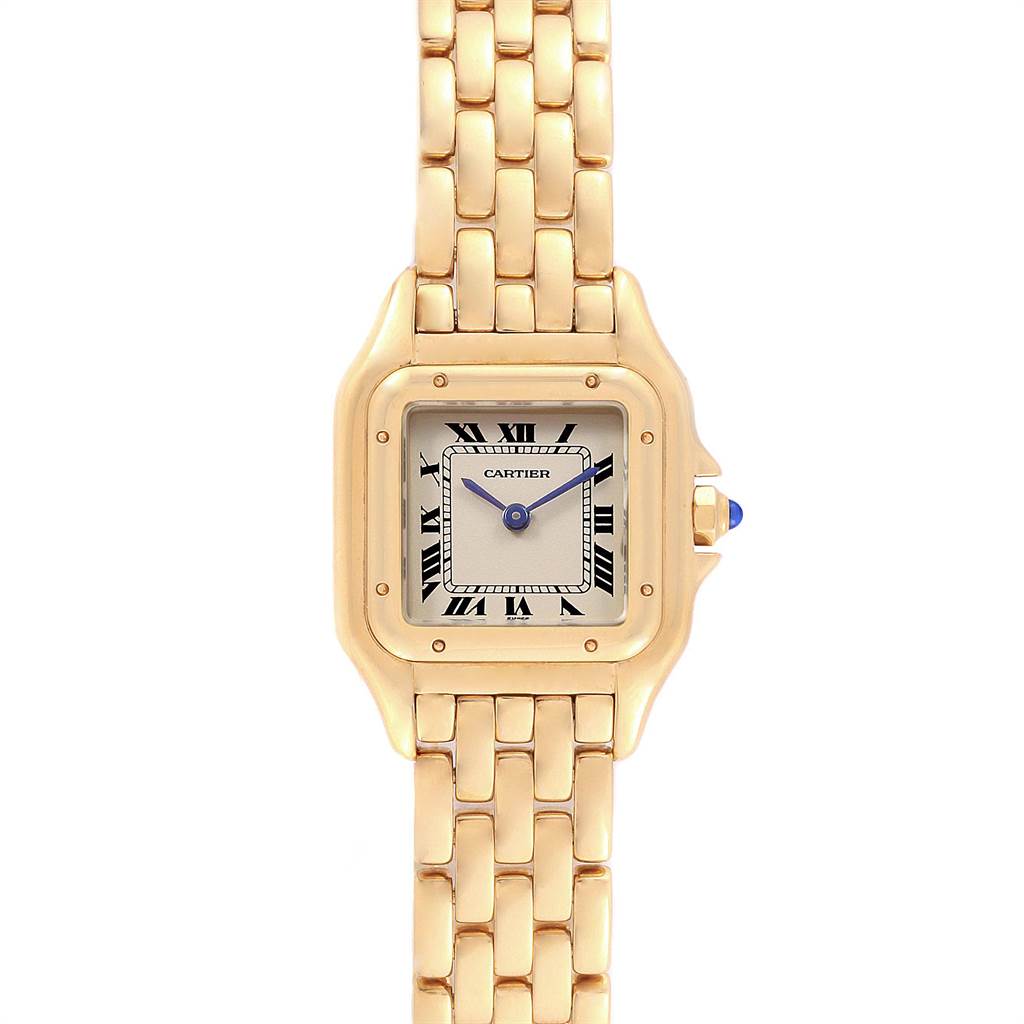 The image shows a front view of the Cartier Panthere W25022B9 Women's Yellow Gold Silver Dial W25022B9 Women's Yellow Gold Silver Dial model watch, highlighting its square dial, gold casing, and bracelet.