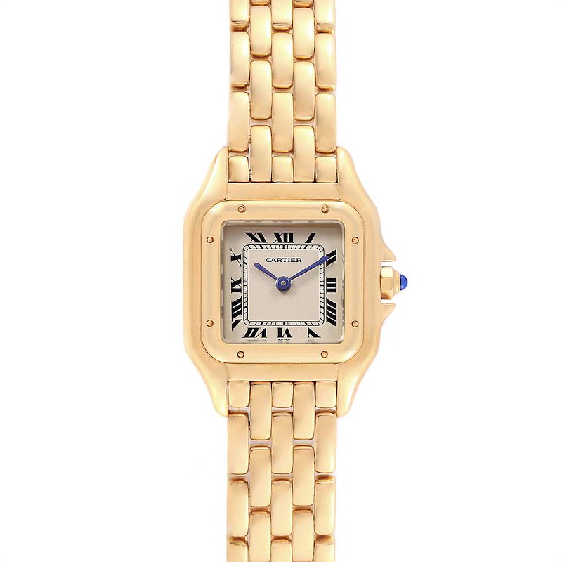 Cartier Panthere Yellow Gold Blue Sapphire Crown Ladies Watch W25022B9 SwissWatchExpo