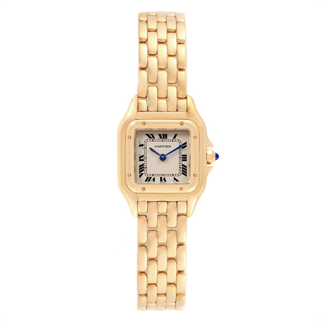 The Cartier Panthere W25022B9 Women's Yellow Gold Silver Dial W25022B9 Women's Yellow Gold Silver Dial watch is shown from a front angle, displaying its gold bracelet and square face with Roman numerals.