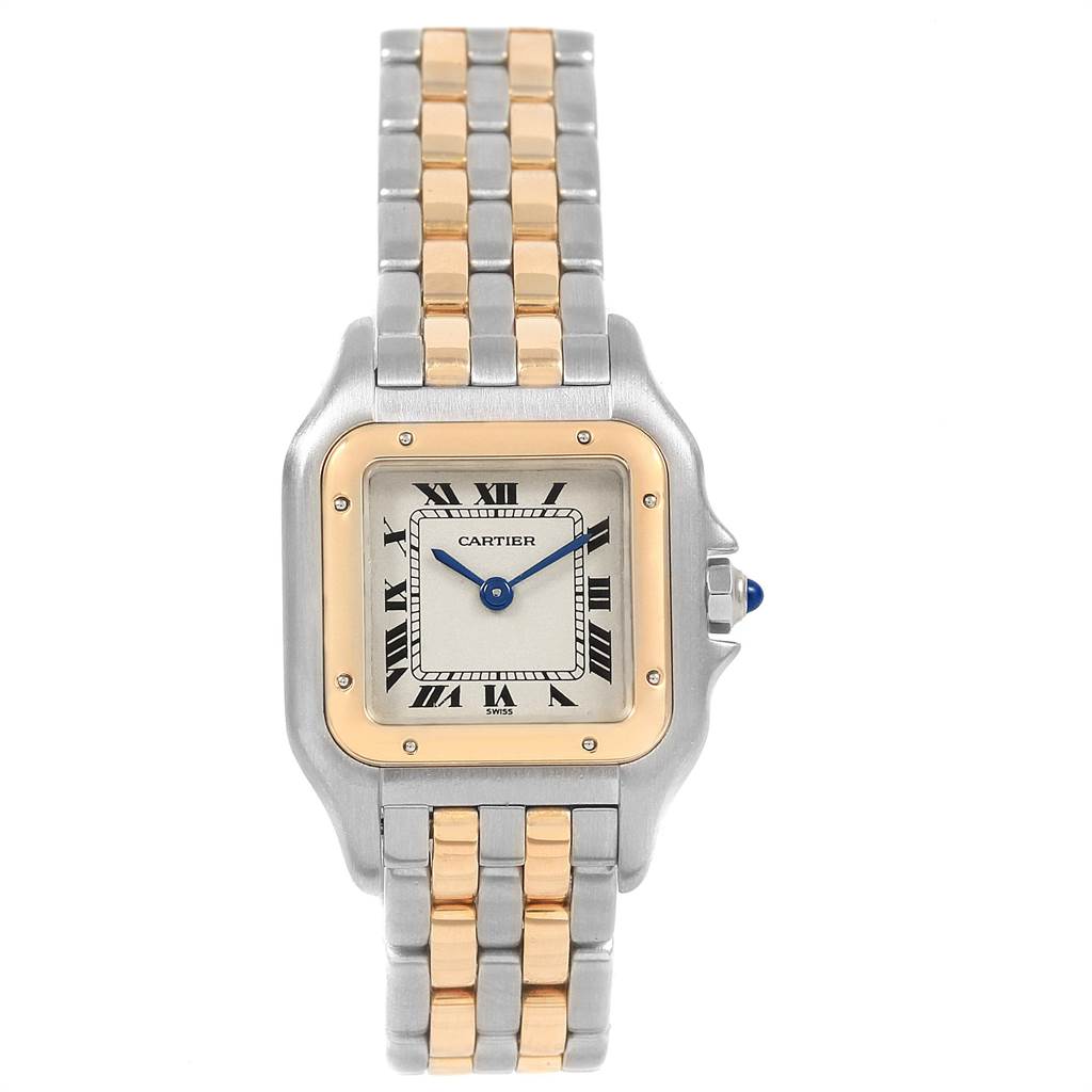 The Cartier Panthere W25029B6 Women
s Stainless Steel Silver Dial W25029B6 Women
s Stainless Steel Silver Dial watch is shown from a straight-on angle, highlighting its face, bezel, and bracelet.