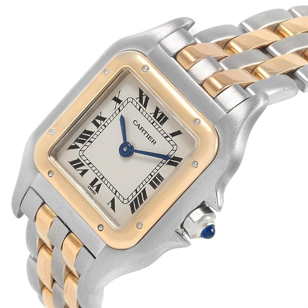 The image shows a close-up of the Cartier Panthere W25029B6 Women
s Stainless Steel Silver Dial W25029B6 Women
s Stainless Steel Silver Dial watch at an angle, highlighting the face, bezel, and part of the bracelet.