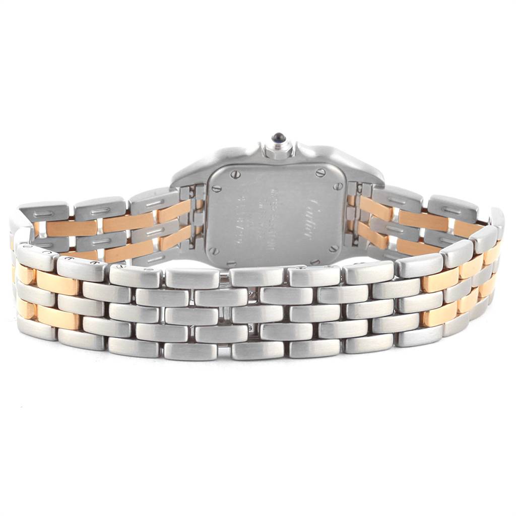 The image shows the back view of the Cartier Panthere W25029B6 Women
s Stainless Steel Silver Dial W25029B6 Women
s Stainless Steel Silver Dial watch, focusing on its case and two-tone metal bracelet.