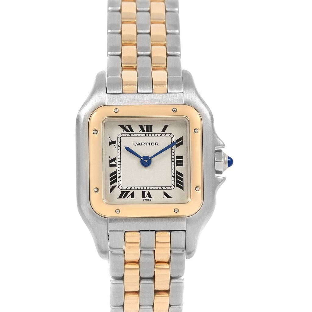 The image shows a frontal view of a Cartier Panthere W25029B6 Women
s Stainless Steel Silver Dial W25029B6 Women
s Stainless Steel Silver Dial watch, featuring a silver and gold bracelet and a square dial.