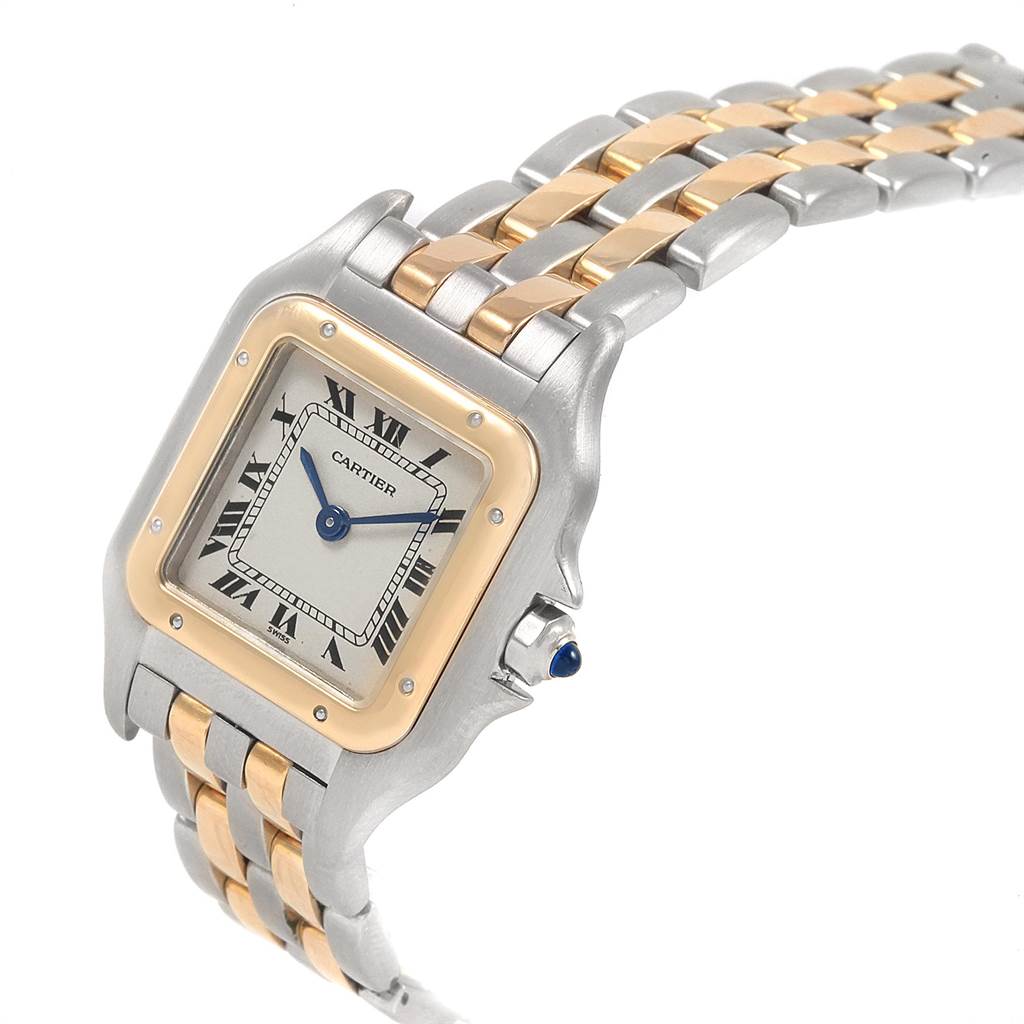 The image shows a close-up angle of the Cartier Panthere W25029B6 Women
s Stainless Steel Silver Dial W25029B6 Women
s Stainless Steel Silver Dial watch, highlighting its face, bezel, and part of the bracelet.