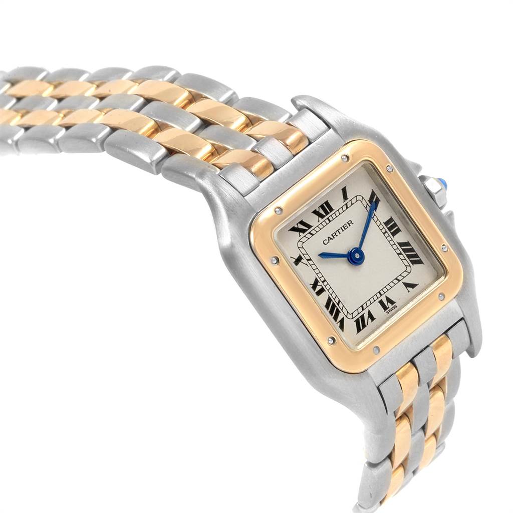 The image shows a Cartier Panthere W25029B6 Women
s Stainless Steel Silver Dial W25029B6 Women
s Stainless Steel Silver Dial watch with a close-up angle highlighting the dial, bezel, and two-tone metal bracelet.