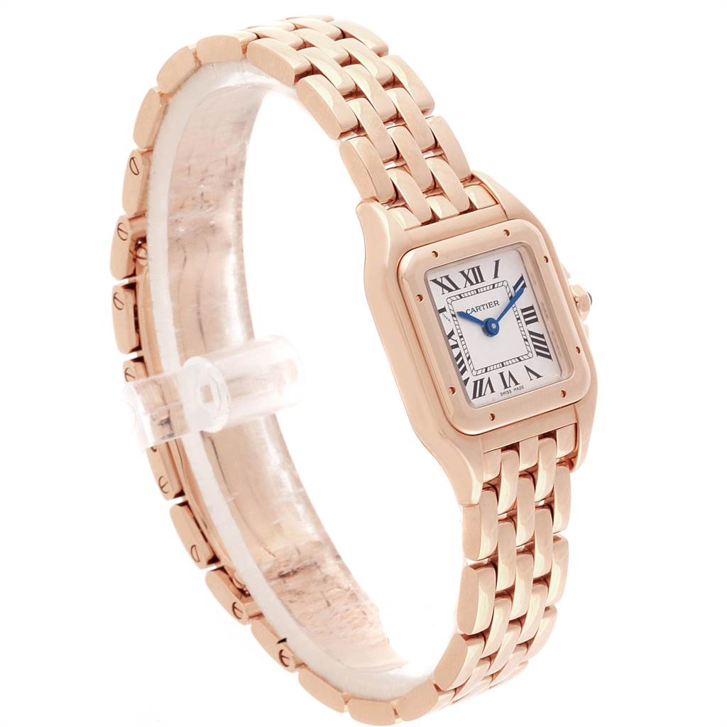 The image shows a side-angle view of the Cartier Panthere WGPN0006 Women's Rose Gold Silver Dial WGPN0006 Women's Rose Gold Silver Dial watch displaying its face and part of its bracelet.