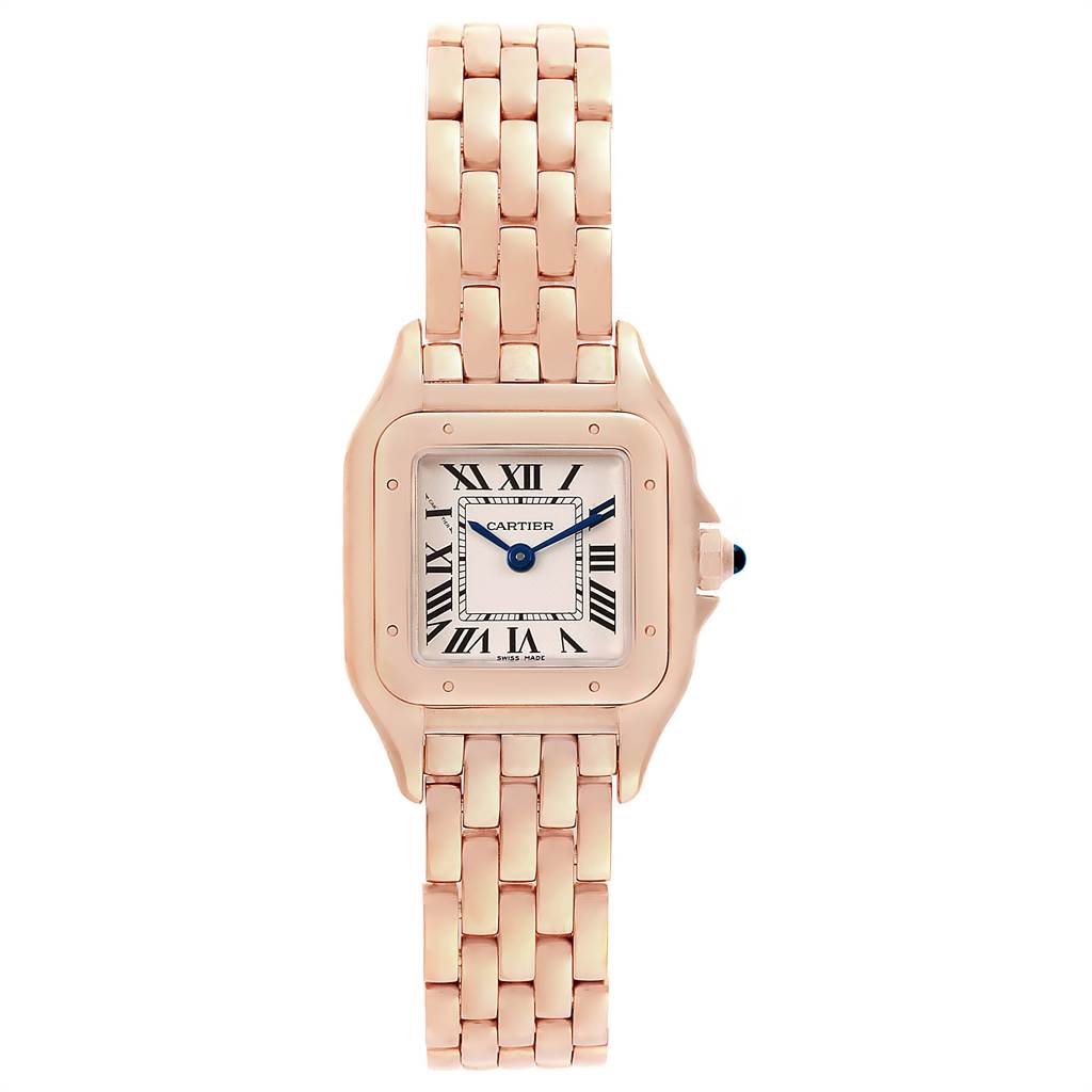 This image shows a frontal view of the Cartier Panthere WGPN0006 Women's Rose Gold Silver Dial WGPN0006 Women's Rose Gold Silver Dial model watch, displaying its dial, bracelet, and crown.