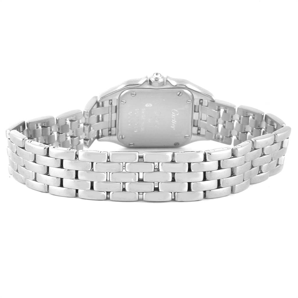 This image shows the back case and bracelet of a Panthere model watch by Cartier, viewed from the rear angle.