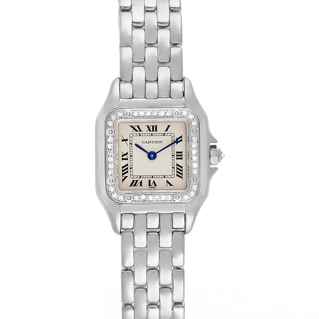 This is a top-down view of the Cartier Panthere WF3091F3 Women
s White Gold Silver Dial WF3091F3 Women
s White Gold Silver Dial watch, showing the face, bezel, and part of the bracelet.