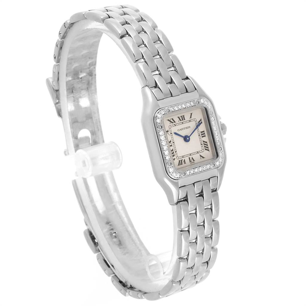 The image shows a side-angle view of a Panthere model watch by Cartier, highlighting the silver bracelet and square diamond-set bezel.