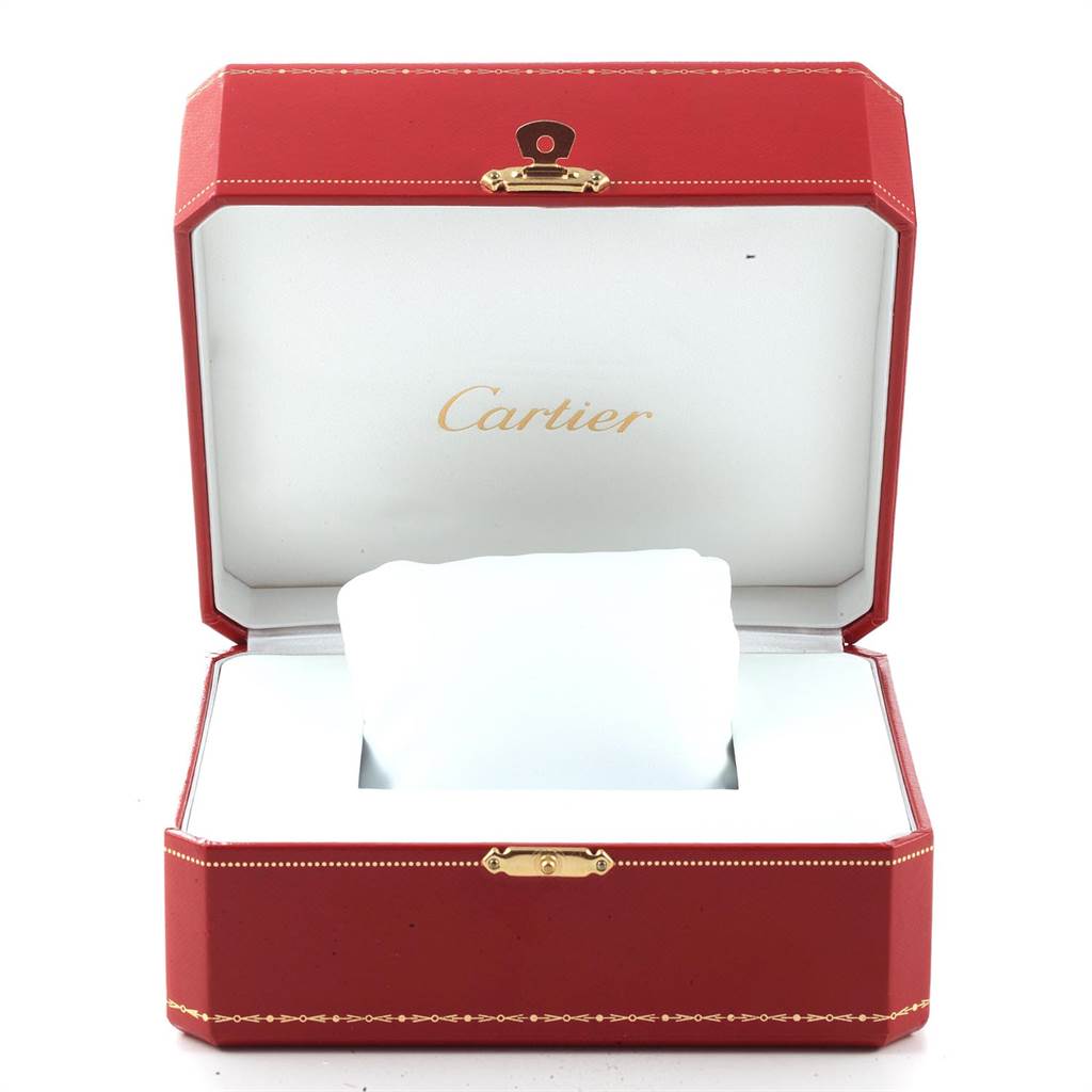 The image shows an open red Cartier box, likely for a Panthere watch, displaying its white cushioned interior and gold logo.