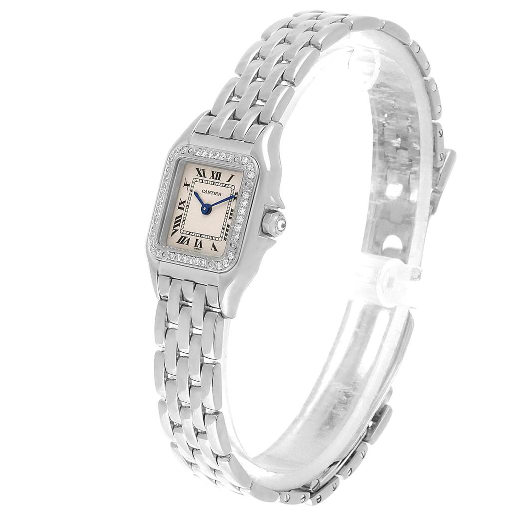 The image shows a Cartier Panthere WF3091F3 Women
s White Gold Silver Dial WF3091F3 Women
s White Gold Silver Dial watch from a front angle, highlighting its face, casing, and metal bracelet.