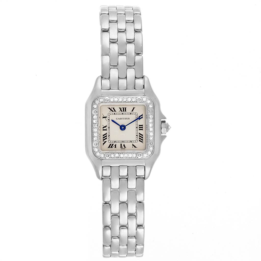 The image shows a front view of a Cartier Panthere WF3091F3 Women
s White Gold Silver Dial WF3091F3 Women
s White Gold Silver Dial watch, highlighting the face, bezel, and bracelet.