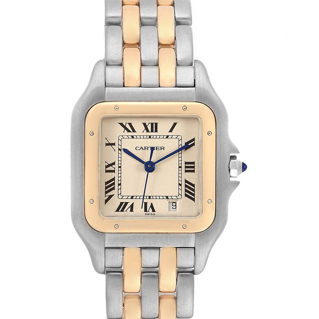 This image shows a front view of the Cartier Panthere W25028B8 Steel and Gold (two tone) Silver Dial W25028B8 Steel and Gold (two tone) Silver Dial watch, highlighting the two-tone bracelet, square case, and dial with Roman numerals.