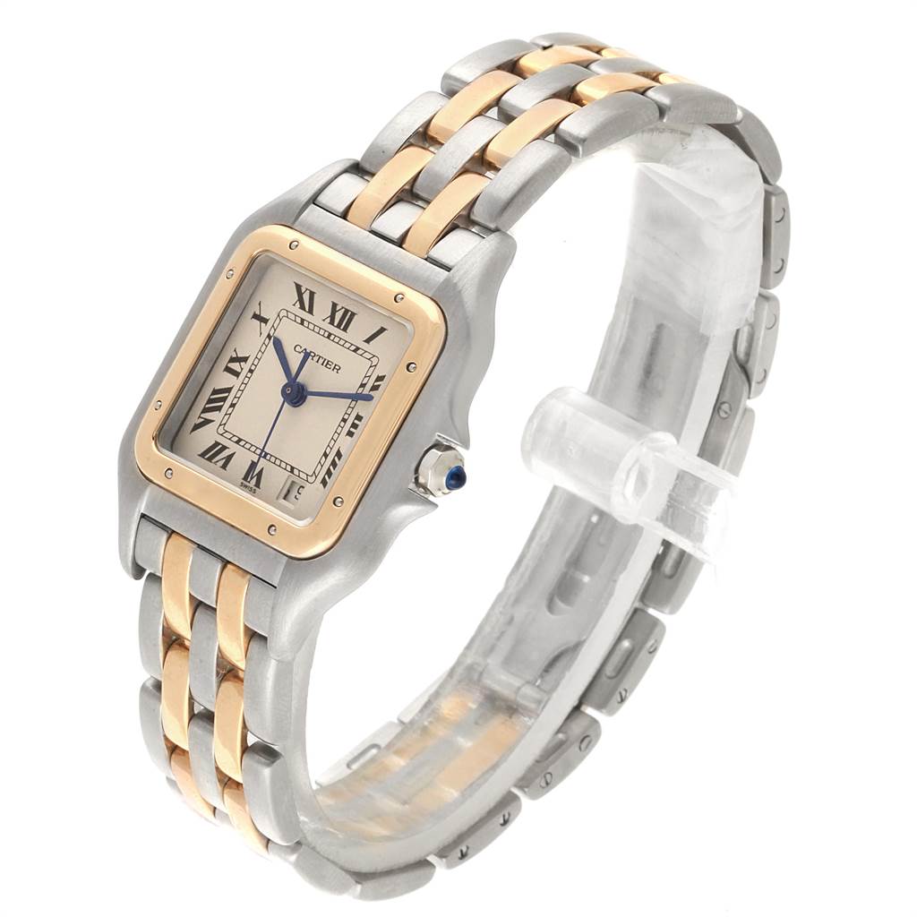 This image showcases the Cartier Panthère watch at a tilted angle, highlighting its face, bezel, crown, and bracelet.