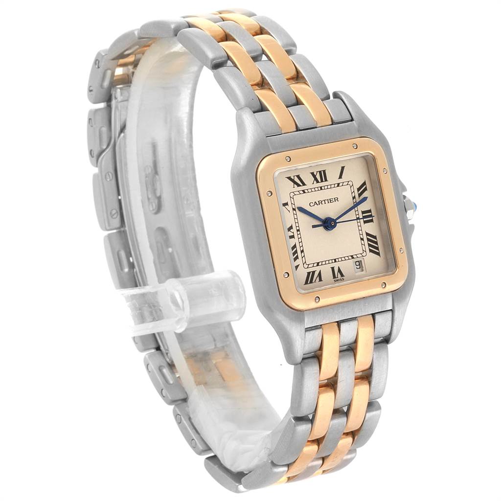 This Cartier Panthere W25028B8 Steel and Gold (two tone) Silver Dial W25028B8 Steel and Gold (two tone) Silver Dial watch is shown at a three-quarter angle, highlighting its two-tone bracelet and square face with Roman numerals.