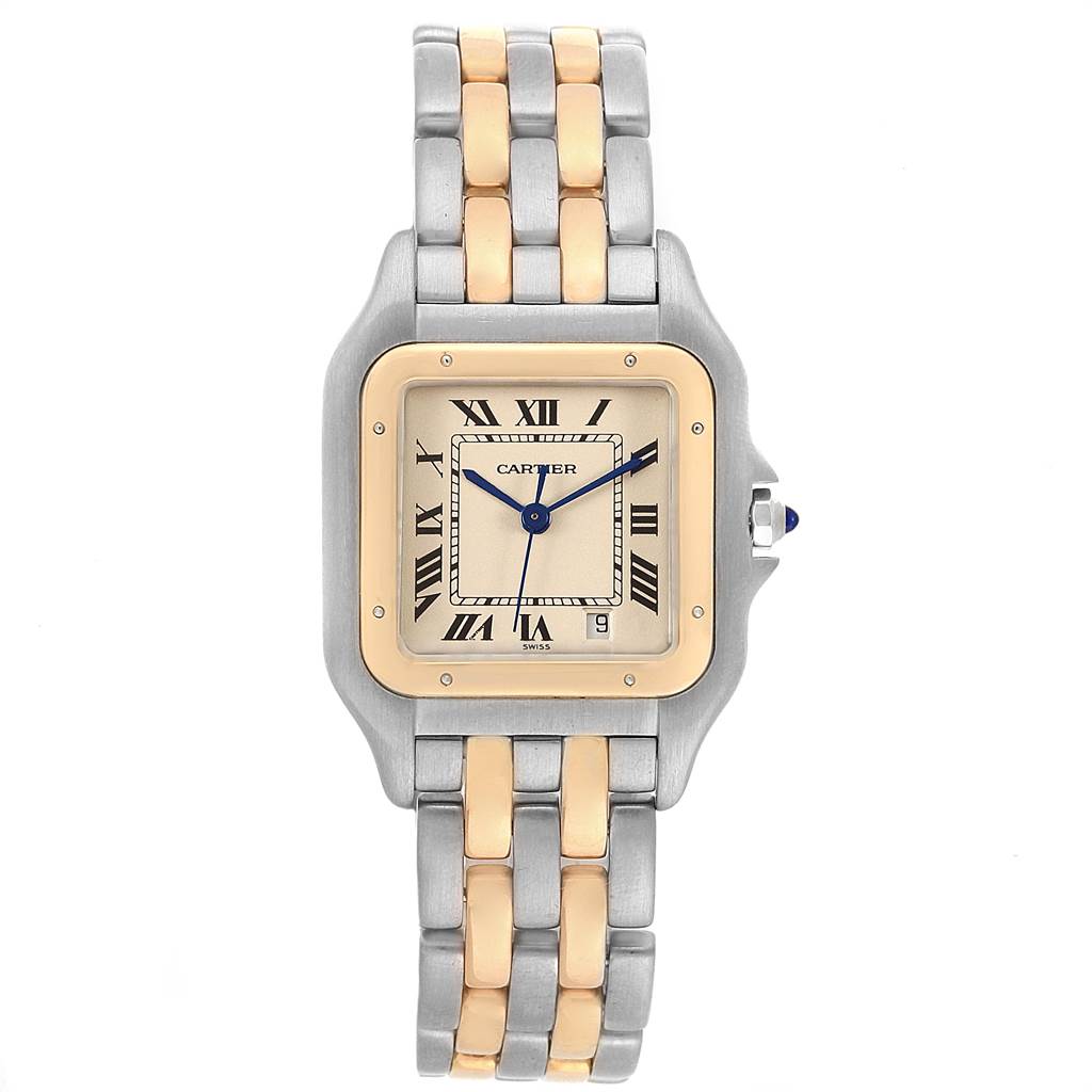 This image shows a front view of the Cartier Panthere W25028B8 Steel and Gold (two tone) Silver Dial W25028B8 Steel and Gold (two tone) Silver Dial watch, displaying its face, bezel, and band.