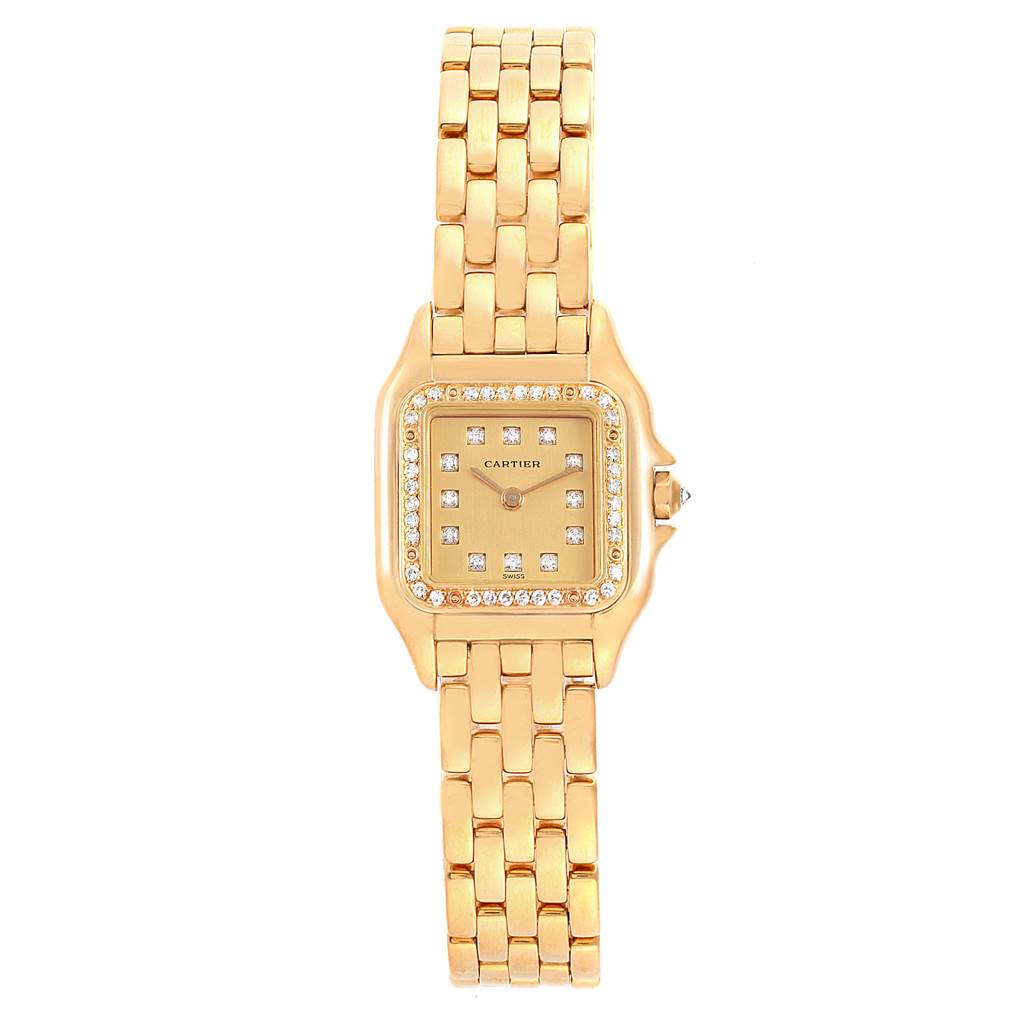 The image shows a top-down view of the Cartier Panthere WF3070B9 Women's Yellow Gold Champagne Dial WF3070B9 Women's Yellow Gold Champagne Dial model watch, featuring a gold band, square face, and diamond bezel.