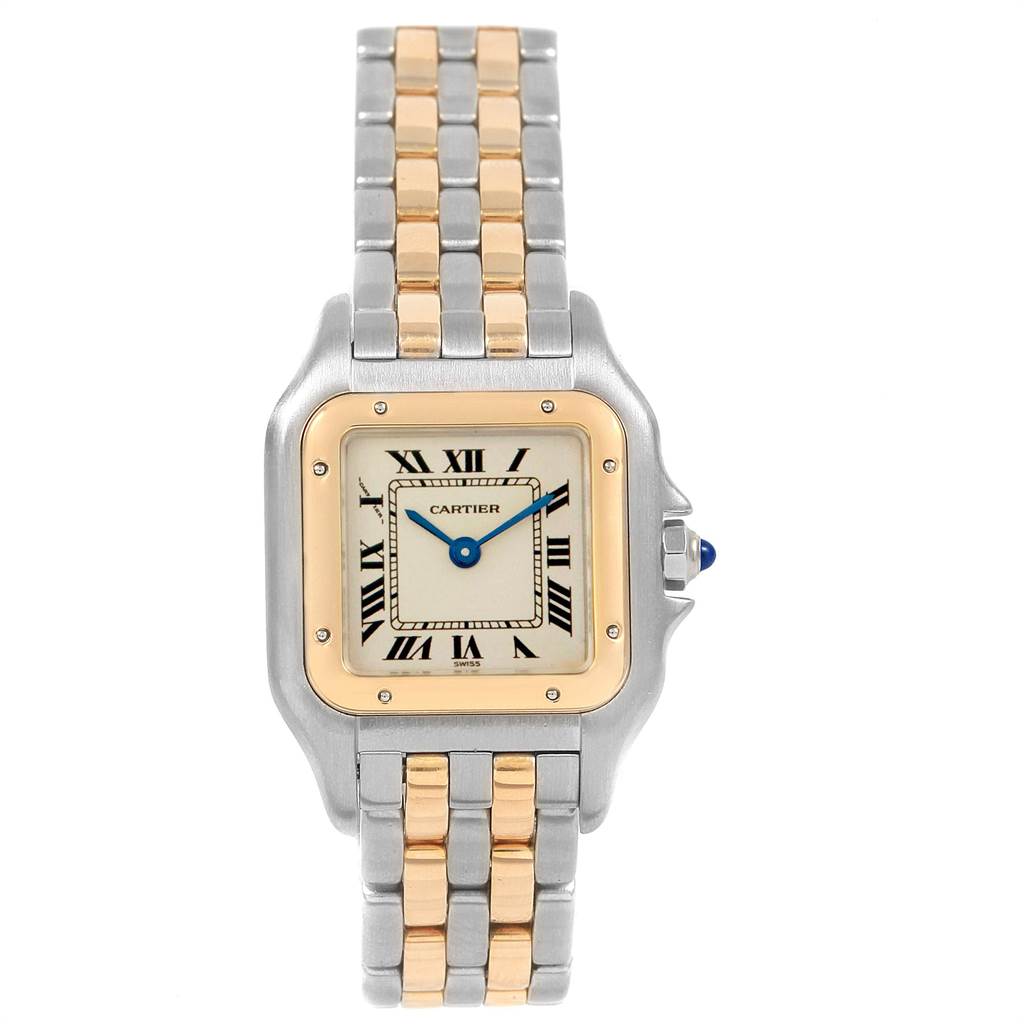 The image shows a Panthere de Cartier watch from a front angle, displaying the face and part of the two-tone bracelet.