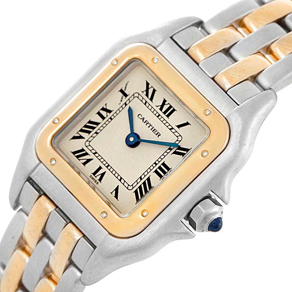 This image shows a Cartier Panthere W25029B6 Women's Stainless Steel Silver Dial W25029B6 Women's Stainless Steel Silver Dial watch from a top-down angle, highlighting its face, bezel, and part of the bracelet.