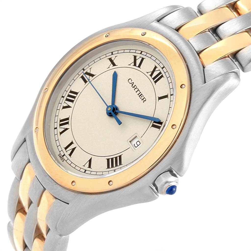 The image shows a close-up angled view of the Cartier Panthere W35006B6 Women
s Steel and Gold (two tone) Silver Dial W35006B6 Women
s Steel and Gold (two tone) Silver Dial watch, highlighting the face, bezel, and part of the band.