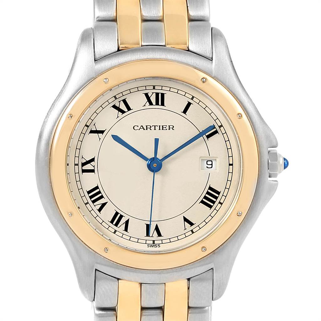 This is a close-up of the Cartier Panthere W35006B6 Women
s Steel and Gold (two tone) Silver Dial W35006B6 Women
s Steel and Gold (two tone) Silver Dial watch, showing the face, hands, date window, case, and part of the bracelet.