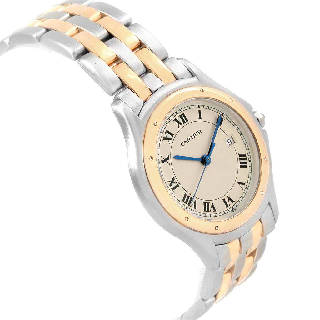 The image shows a Cartier Panthere W35006B6 Women
s Steel and Gold (two tone) Silver Dial W35006B6 Women
s Steel and Gold (two tone) Silver Dial watch angled to display its two-tone bracelet and round dial with Roman numerals.