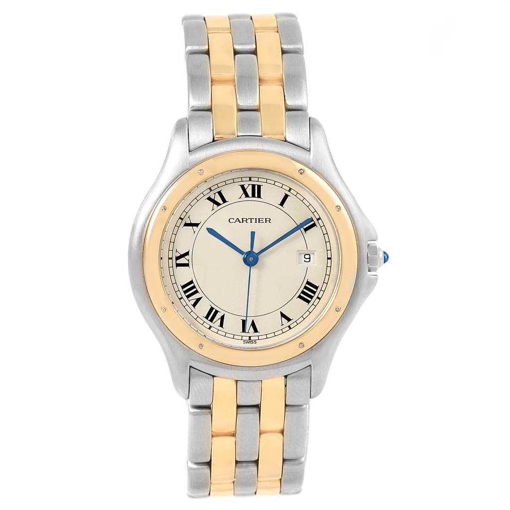 The Cartier Panthere W35006B6 Women
s Steel and Gold (two tone) Silver Dial W35006B6 Women
s Steel and Gold (two tone) Silver Dial watch is shown from the front, displaying the dial, case, and two-tone bracelet.