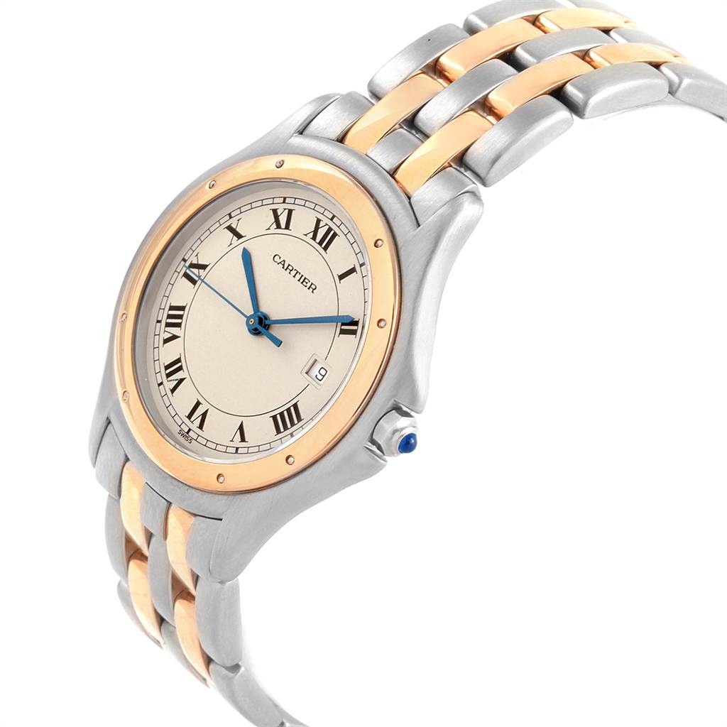 The image shows a Panthere model by Cartier at a three-quarter angle, highlighting its face, bezel, and two-tone bracelet.
