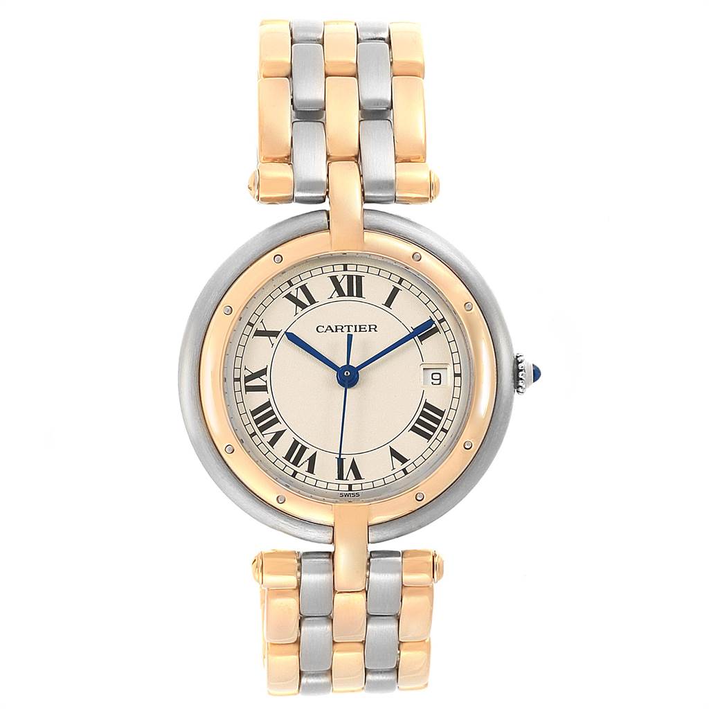 The image shows a full frontal view of the Cartier Panthere Women's Steel and Gold (two tone) Silver Dial Women's Steel and Gold (two tone) Silver Dial watch, displaying its round dial, Roman numerals, and two-tone metal bracelet.