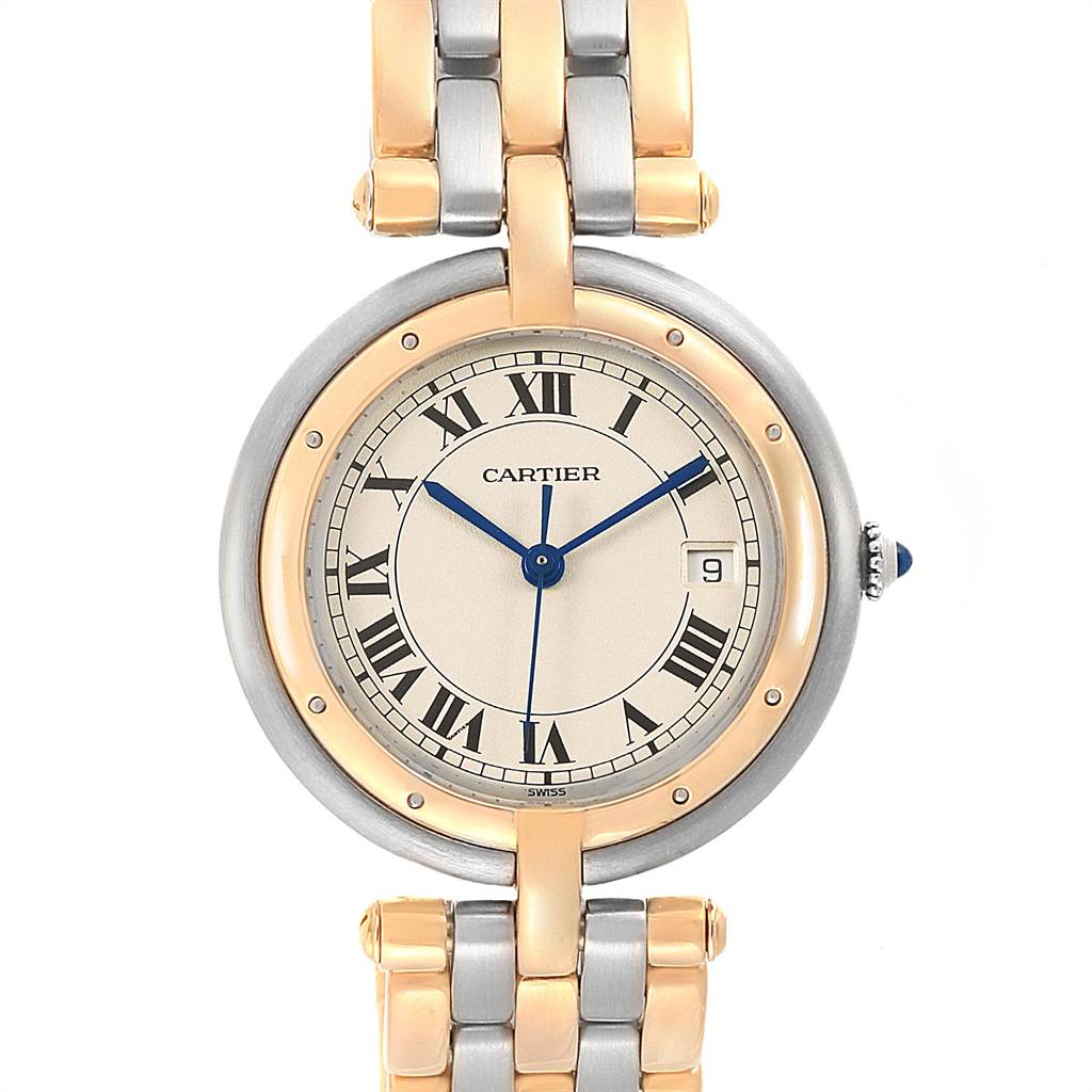 The image shows a Cartier Panthere Women's Steel and Gold (two tone) Silver Dial Women's Steel and Gold (two tone) Silver Dial model watch, showcasing its face, bezel, and a part of its two-tone metal bracelet.