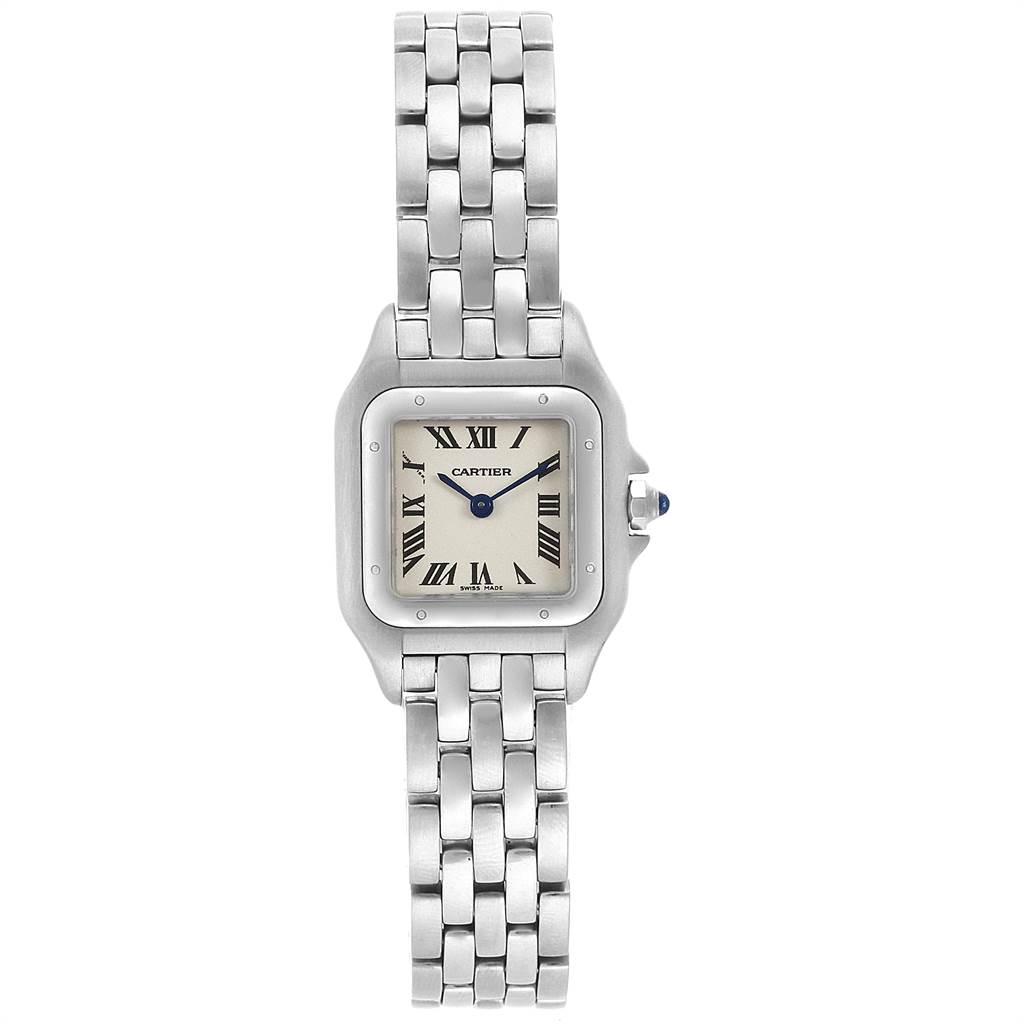 This image shows a frontal view of the Cartier Panthere W25033P5 Women
s Stainless Steel Silver Dial W25033P5 Women
s Stainless Steel Silver Dial model watch, highlighting its face and bracelet.
