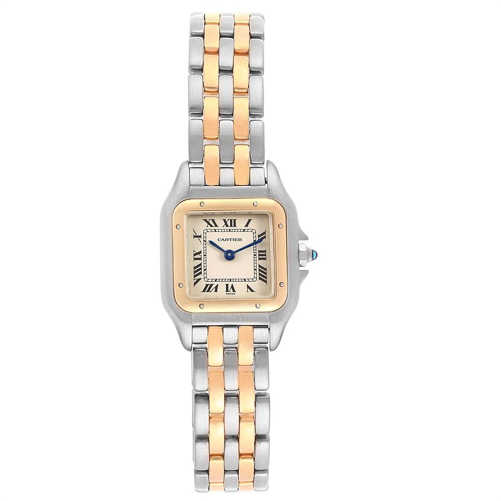 This image shows the Cartier Panthere W25029B6 Women's Stainless Steel Silver Dial W25029B6 Women's Stainless Steel Silver Dial model watch from a front angle, highlighting its dial, bezel, and bracelet.