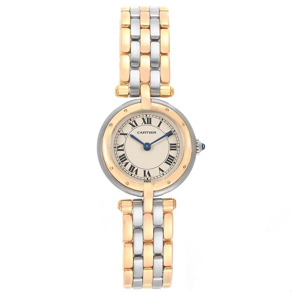 The image shows a front view of a Cartier Panthere 166920 Women's Steel and Gold (two tone) Silver Dial 166920 Women's Steel and Gold (two tone) Silver Dial model watch with a bi-metal bracelet and Roman numeral dial.