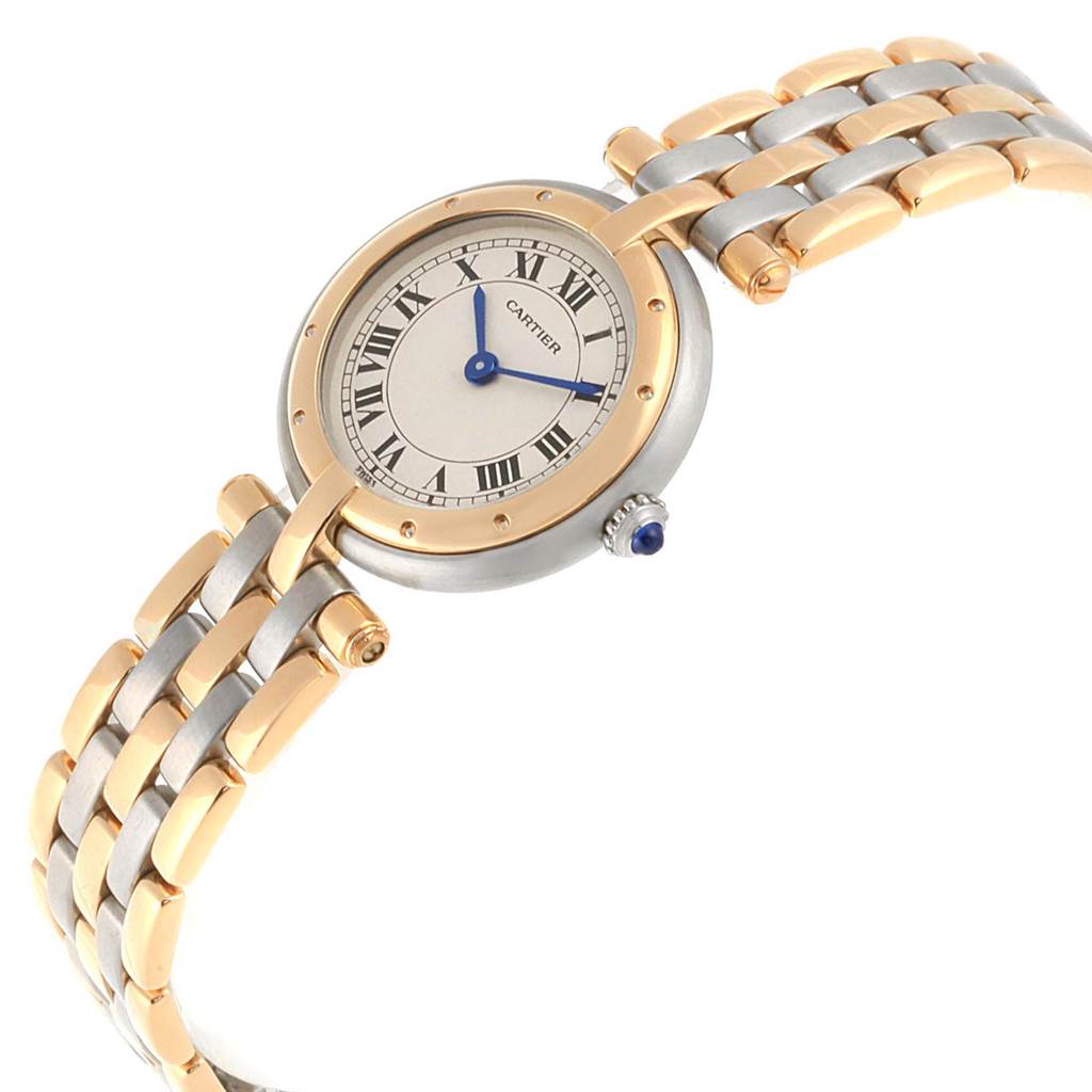 This image shows a side-angle view of a Cartier Panthere 166920 Women's Steel and Gold (two tone) Silver Dial 166920 Women's Steel and Gold (two tone) Silver Dial model watch, highlighting the watch face, band, and crown.