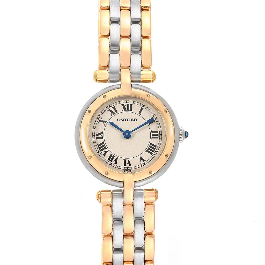 This is a frontal view of the Cartier Panthere 166920 Women's Steel and Gold (two tone) Silver Dial 166920 Women's Steel and Gold (two tone) Silver Dial model watch, showcasing its face and two-tone metal bracelet.