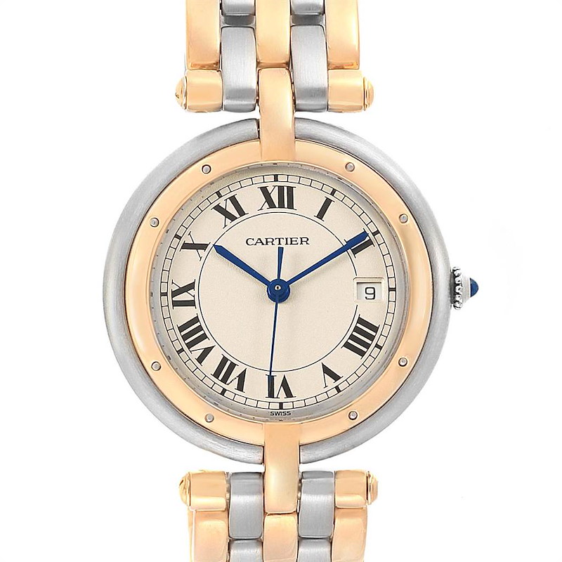 The image shows a front view of a Cartier Vendome watch, highlighting the face, bezel, and part of the two-tone metal band.