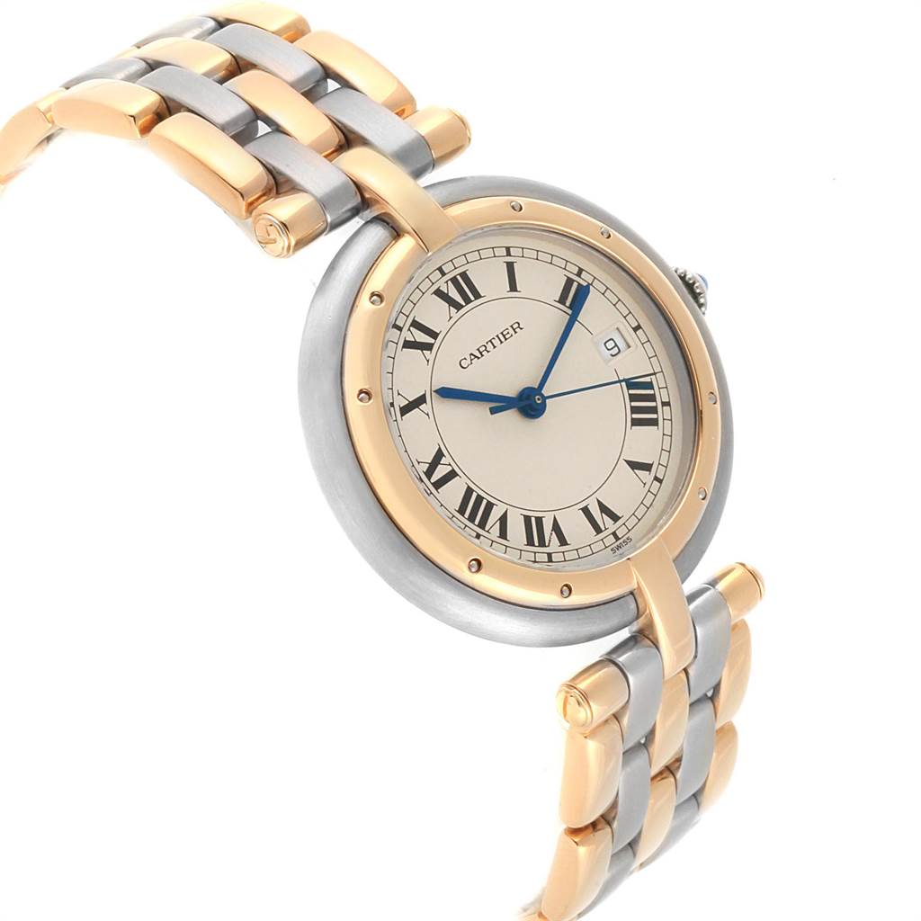 The image shows a Vendome model watch by Cartier at a slight angle featuring the face, band, and part of the bezel.