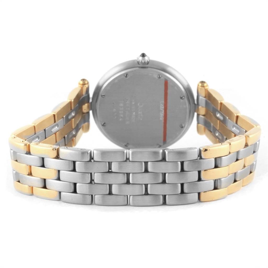 The image shows the Vendome Cartier watch from the back, highlighting the case and two-tone metal bracelet.