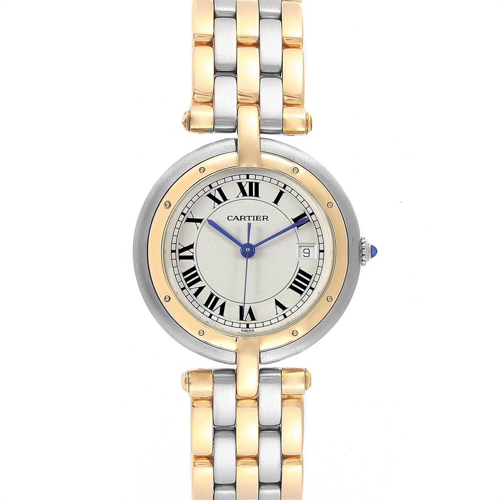 This image shows a front view of a Vendome model by Cartier, highlighting its face, bezel, and part of the metal strap.