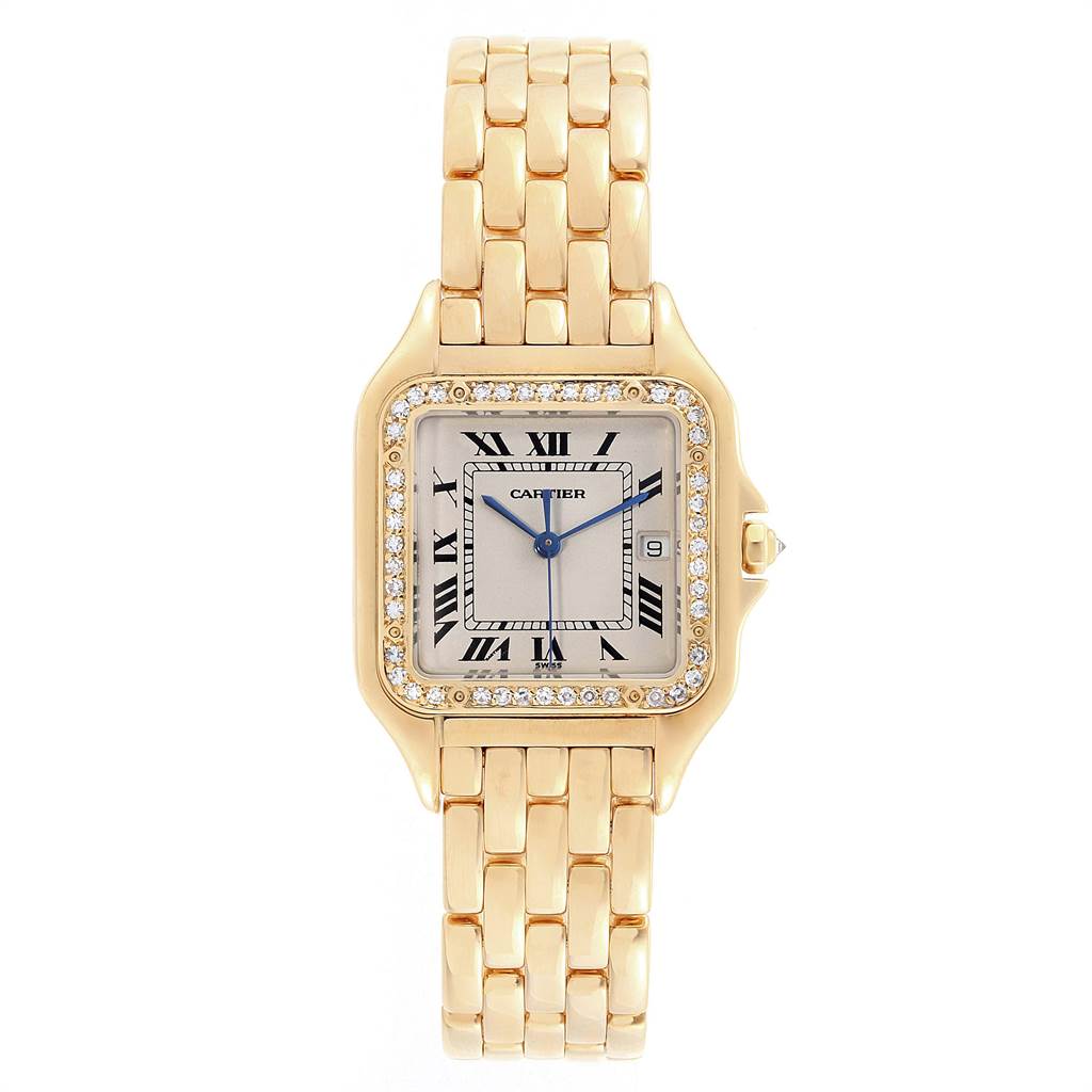 The image shows a frontal view of a Cartier Panthere W25014B9 Yellow Gold Beige Dial W25014B9 Yellow Gold Beige Dial watch, highlighting its gold bracelet, square dial, and diamond bezel.