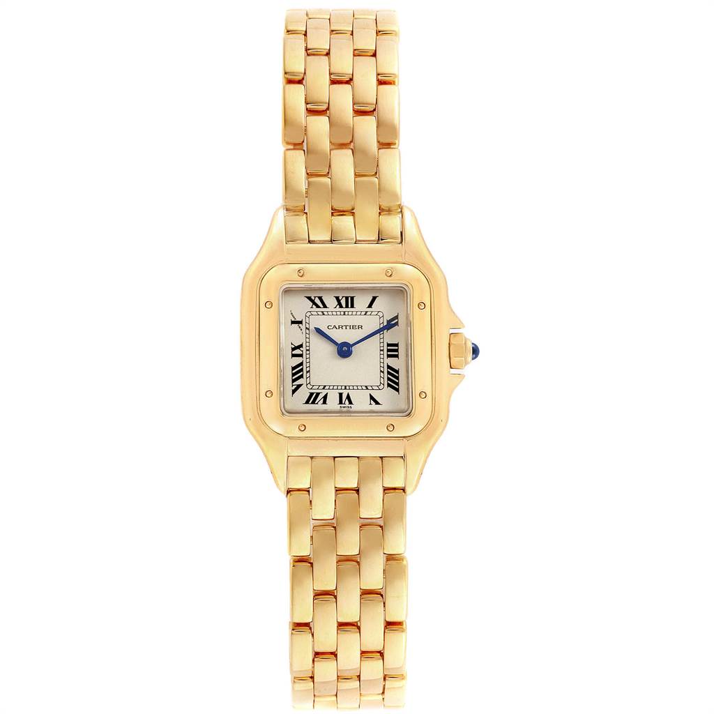 The image shows a Cartier Panthere W25022B9 Women's Yellow Gold Silver Dial W25022B9 Women's Yellow Gold Silver Dial watch from a top-down angle, highlighting its gold bracelet and square face.