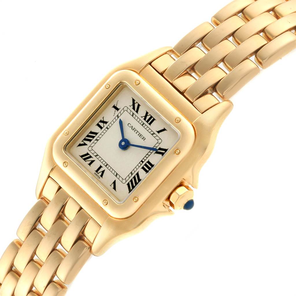 The image shows a top view of the Cartier Panthere W25022B9 Women's Yellow Gold Silver Dial W25022B9 Women's Yellow Gold Silver Dial watch, highlighting its gold case, Roman numeral dial, and linked bracelet.