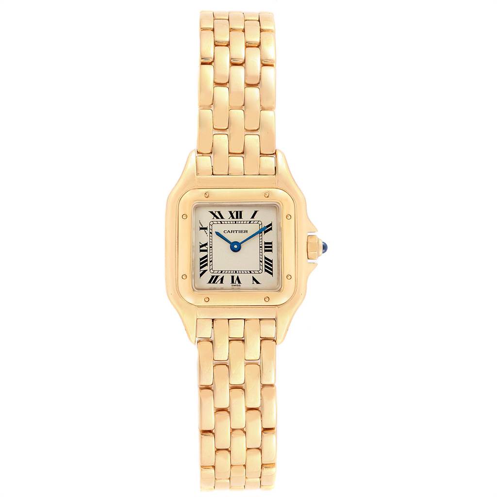 This image shows a frontal view of the Cartier Panthere W25022B9 Women's Yellow Gold Silver Dial W25022B9 Women's Yellow Gold Silver Dial model watch, including the dial, case, and bracelet.